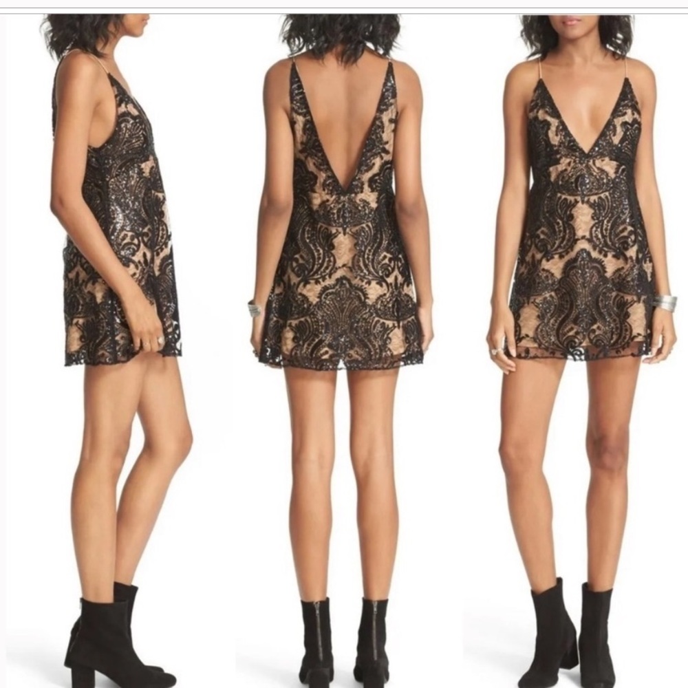 Free People Night Shimmers Sequined Lace Mini Dress Black Sz 2